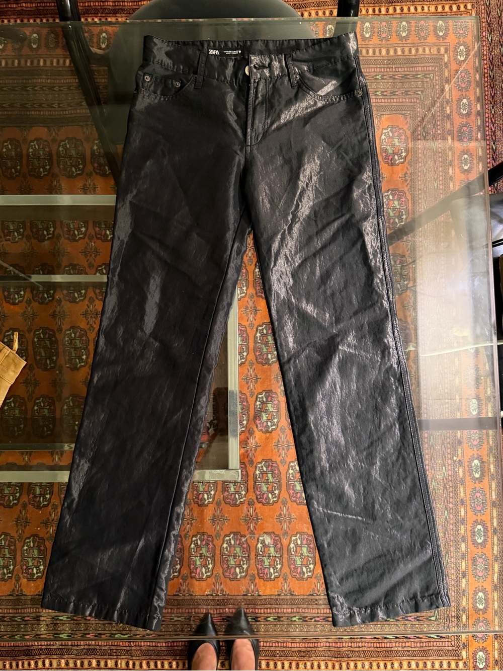Zara Black Shiny Straight Leg Pants Size 2 | Cotton Nylon Blend
